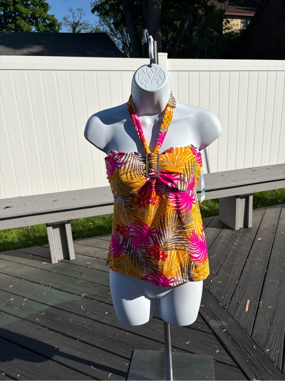 Tropical Halter Swim Tank Top in Yellow & Pink